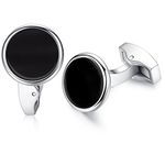 Honey Bear Round White Sea Shell/Black Onyx Agate Stone Cufflinks - Stainless Steel For Men's Shirt Wedding Business Gift (Black)