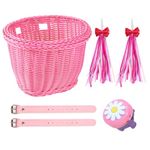 SVNR Kids Bike Basket Set, Bike Basket Kids, Wicker Girl Bike Basket Pink, Bike Handle Bowknot Streamers and Bell, Children Cycling Basket with Spare Leather Straps, Easy Install Detachable