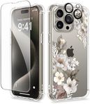 GVIEWIN for iPhone 15 Pro Max Case Floral,with Screen Protector & Camera Lens Protector, Hard PC + TPU Bumper Shockproof Protective Clear Flower Women Phone Cover 6.7"(Delphinium/Grey)