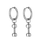 Dumbbell Earrings For Men Women Silver Stainless Steel Huggie Dangle Kpop Trendy Punk Goth Barbell Hanging Hoop Earrings Jewelry for Teen Eboy Egirl, Stainless Steel, count