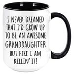 I Never Dreamed That I'd Grow Up To Be An Awesome Granddaughter But Here I Am Killin It. Fun Coffee Or Tea Mug Gift, Two Toned Cup. (Black, 11oz)