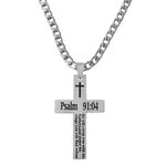 M Men Style Christian Bible Verse Psalm 91:4 He will cover you with his feathers, Silver Stainlees Steel Cross Mens Jewellery Pendant Necklace Chain For Men