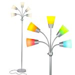 Brightech Medusa Modern LED Floor Lamp – Contemporary Multi Head Standing Reading Lamp for Living Room, Bedroom, Kids Room - Includes 5 LED Bulbs and 5 White & Colored Interchangeable Shades – Silver