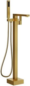 GRANDJOY Brushed Gold Freestanding Bathtub Faucet with Hand Shower, Single Handle Waterfall Spout, Solid Brass & 304 Stainless Steel High Flow Tub Filler, Floor Mount