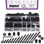 Swpeet 181Pcs M6 x 15mm - 80mm Black Zinc Flat Head Hex Socket Cap Baby Crib Bed Bolts and Threaded Insert Nuts with Flange Nuts and 4 Pronged Tee T Nuts Kit with Allen Wrench