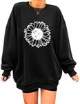 Zeagoo Womens Oversized Sweatshirts Graphic Print Long Sleeve Crewneck Lightweight Hoodies Thin Casual Loose Pullover Tops, Black-daisy, Medium