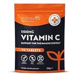 Vitamin C Tablets 1100mg – 90 Premium Vegan and Vegetarian Tablets – 3 Month Supply – High Strength Ascorbic Acid – for Normal Function of The Immune System – Made in The UK by Nutravita