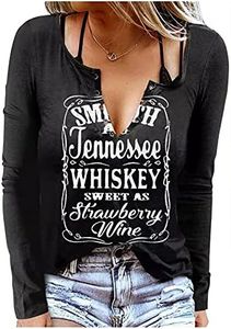 Smooth As Tennessee Whiskey Sweet As Strawberry Wine Shirts Sexy Ring Hole Long Sleeve Tee Shirt for Women Country Tops, Black, X-Large