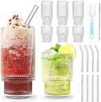 8 Pack Vintage Drinking Glasses Set, Ribbed Vintage Glass Cups with Straws, Origami Style Clear Ice Coffee Tumbler Stackable Glassware for Cocktail Whiskey Juice Water(11oz, 6oz)