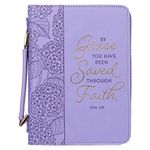 Christian Art Gifts Faux Leather Fashion Bible Cover for Women: by Grace You Have Been Saved - Ephesians 2:8 Inspirational Bible Verse, Hydrangea Lavender-Purple, Large