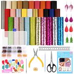 KUUQA 30 Pcs Faux Leather Fabric Sheet 6 Kinds of Leather Fabric for Earring Making Crafts with Hole Puncher, 210 Set Earring Hooks, Pliers and Cut Molds (A5 Size)