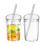 UPKOCH 2 Pack Glass Coffee Cups with Lids and Straws 16oz Aesthetic Cup Clear Smoothie Glasses Round Dome Tumbler for Iced Tea