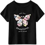 OYOANGLE Girl's Cute Graphic Casual Round Neck Short Sleeve Tee Shirt Tops Black Floral 9Y