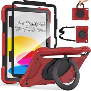 Andnary Case for iPad (A16) 11th Generation 11 inch 2025/10th Generation 10.9 inch 2022, Shockproof Cover with Screen Protector/360° Rotate Handle/Bracket/Pen Holder/Shoulder Strap (Red+Black)