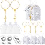 100 Pieces Rosaries Baptism Sets Including 25 Pcs Mini Rosary 25 Pcs Cross Favor Boxes 25 Pcs Organza Gift Bags and 25 Pcs Thank You Kraft Tags Guest Return Gifts for Baptism Wedding Decor(Gold)