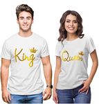 Hangout Hub HH4 Men's & Women's Round Neck T-Shirt King Queen Crown All Gold (White;Men XL (42), Women L (38) ;) Pack of 2 Couple T-Shirts