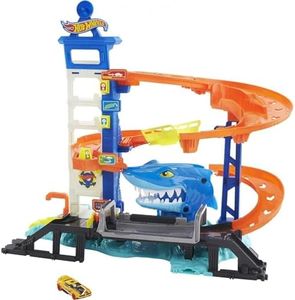 Hot Wheels™ Track Set and 1:64 Scale Toy Car, Multi-Level Playset with Shark Nemesis Challenge, City Shark Escape Playset ​​​
