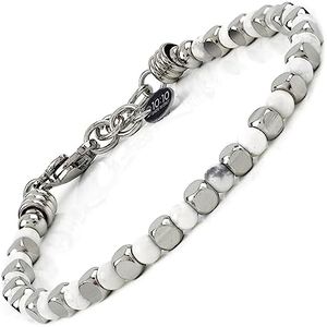 10:10 Adjustable Bracelet with 4 mm Diameter Natural Stones and 4 x 4 mm Stainless Steel Cubes Bracelet for Men and Women Made in Italy, 16 centimeters, Stainless Steel