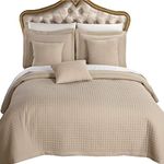 King size Linen / Beige Coverlet 7pc Bedding set, Luxury Microfiber Checkered Quilted by Royal Hotel