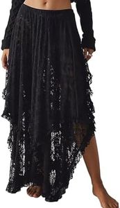Yimoon Women's Floral Lace Long Skirts Elastic Asymmetrical Layered See-Through Maxi Skirts Sexy Sheer Flowy Beach Skirt(Black-XL)