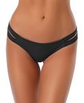 SHEKINI Women's Strappy Low Rise Brazilian Thong Swim Shorts Bikini Bottoms (Medium/(US 8-10), Manhattan Black)