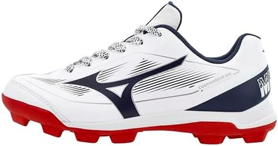 Mizuno Youth - Boys Cushionrevo Diamond Jr. TPU Spike Baseball Cleat, White-Navy, US Youth - Boys 3