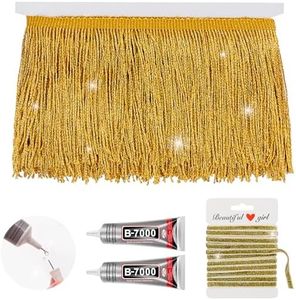 Yhsheen Gold Glittery Fringes, 5 Yards X 4 Inch Fringe Trim with B7000 Glue, Tassels Trim for Crafts Sewing Fringe Trim by The Yard for Clothing Curtain