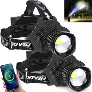 Aikertec Rechargeable LED Headlamp 100000 Lumen, Super Bright Head Lamp Flashlight with 5 Lighting Modes, IPX6 Waterproof, Zoomable Headlamp for Camping, Hiking, Fishing, Biking, Running (2 Pack)