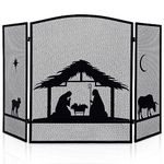 Geetery Cabin Fireplace Screen Cabin Steel Mesh Spark Guard Cover Rustic 3 Panel Fireplace Gate Folding Furnace Fireguards Baby Safe Proof Fence for Home Room Decoration(Nativity)