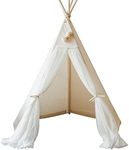 MINICAMP Teepee Tent for Kids – Handmade Play Tent in Natural Canvas & Tulle with Wooden Poles, Indoor Tipi for Girls & Boys, Toddler Playhouse, Ideal (Ecru)