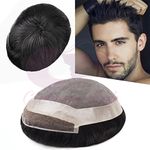 Glorious Hub PREMIUM Front Lace 9x7 Hair Patch for Men 100% Human Hair Wig, Natural Front Hairline Toupee Non Surgical Hair Replacement System can be Fix with Hair Patch Clips, Tape or Glue, Natural Black Hair