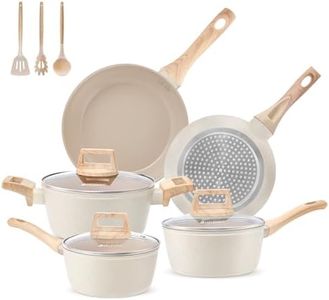 M MELENTA Pots and Pan Set Non Stick, 11pcs Ceramic Cookware Set Non Toxic, Induction Cookware Set Nonstick, Kitchen Cooking Set with Saucepan, Frying Pan, Casserole, 100% PFOA Free, Cream
