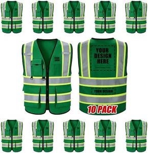 Custom Safety Vest with Logo, High Visibility Reflective Green Customized Safety Vest with Pockets and Zipper, Personalized Construction Workwear Vest for Men Women