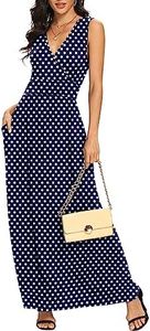 LILBETTER Women Sleeveless Deep V Neck Loose Plain Long Maxi Casual Dress(F Navy Blue Polka Dot,X-Large)