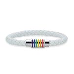 Striped Rainbow Flag White Braided PU Leather LGBTQ Bracelet Woven Bangle Bracelet for Men for Women Stainless Magnetic Clasp 7 Inch