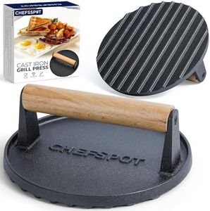 CHEFSPOT Cast Iron Smashed Burger Press – Non-Stick with Heat-Resistant Wood Handle for Perfectly Seared Bacon, Steak, and Sandwiches - Works with Blackstone Griddles