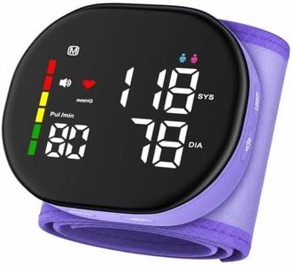 Purple Wrist Blood Pressure Monitor, Rechargeable, 2 Users, 240 Memories | Large LED Screen, Voice Results, Color-Coded Guide, Adjustable Cuff & Travel Case