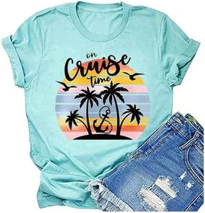 On Cruise Time Coconut Tree & Anchor T Shirts Women Casual Cruising Family Vacation Shirts Summer Beach Party Tees Tops, Blue, XX-Large