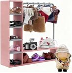 Doll Clothes Closet with 10 Hangers, Pink & Gray Color Block Doll Accessories Display Box, Clothes Storage for Figures, Mini Wardrobe Storage Organizer
