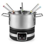 TANGZON Electric Fondue Pot Set with 6 Colour Coded Forks, 1200W 2.1L Stainless Steel Fondue Maker with Adjustable Temperature & Splash Protector, Cheese Chocolate Meat Melting Pot