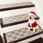 COSY HOMEER 15 Pack Nonslip Stair Carpet Treads, 22 x 70cm Polyester Medium Pile Carpet Stair Treads with TPE Backing, Super Grip Self-Adhesive Stair Treads, Noise Reduction & Machine Washable, Beige