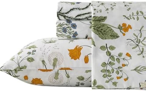Zusbest California King Size Sheet Sets 100% Percale Cotton Green Floral Bed Sheets Yellow Flower & Green Leaves Botanical Pattern Garden Crisp Soft Deep Pocket Fitted Sheet 17.5'' 4Pcs, Cal King