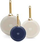 GreenPan Reserve 8” 10” and 12” Frying Pan Set, Induction Suitable, Ceramic Nonstick Hard Anodized Skillets, PFAS & PFOA-Free, Dishwasher and Oven Safe, Gold Handles, Navy, Taupe, Cream