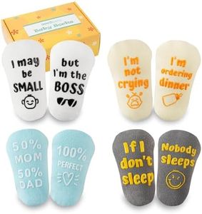 INNObeta Baby Socks Set with Funny Quotes (4 Pairs) Newborn/Infant Socks for Baby Shower, Gender Reveal, Christmas, New Parents – Anti Slip, Gift Box Included, 3-12 Months, Gender Neutral