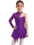 easyforever Kids Girls Figure Ice Skating Dress Mesh Splice Long Sleeve Ballet Dance Dress Competition Skating wear Purple 8 Years