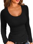 VICHYIE Fall Women's Square Neck Long Sleeve Shirts Scoop Ribbed Henley Slim Fitted Tee Casual Basic Tshirts Top Blouses Black S