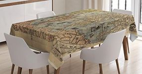 Ambesonne Antique Tablecloth, Map of World Global History Stained Paper Oceans Lands Vintage Atlas, Rectangular Table Cover for Dining Room Kitchen Decor, 60" X 84", Tan Green