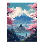 Artery8 Japanese Temple on Mount Fuji Lake Painting Green Blue Pink Cherry Blossom Trees Blooming in Tranquil Forest Landscape Extra Large XL Wall Art Poster Print