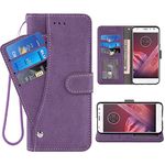 ELISORLI Compatible with Moto Z2 Play Wallet Case Wrist Strap Lanyard Leather Flip Card Holder Stand Cell Accessories Phone Cover for Motorola MotoZ2Play Droid MotoZ2 2Play Z 2 2Z Z2play Men-Purple