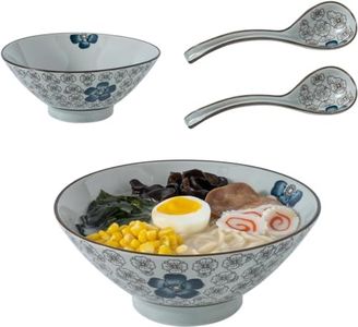 ALMA Ceramic Ramen Bowl Set- 2 Sets of 30oz Japanese Ramen Bowl with Spoons, Ramen Noodle Bowl, Pho Bowls, Cute Bowl, Udon Ramen Bowls, Noodle Bowls